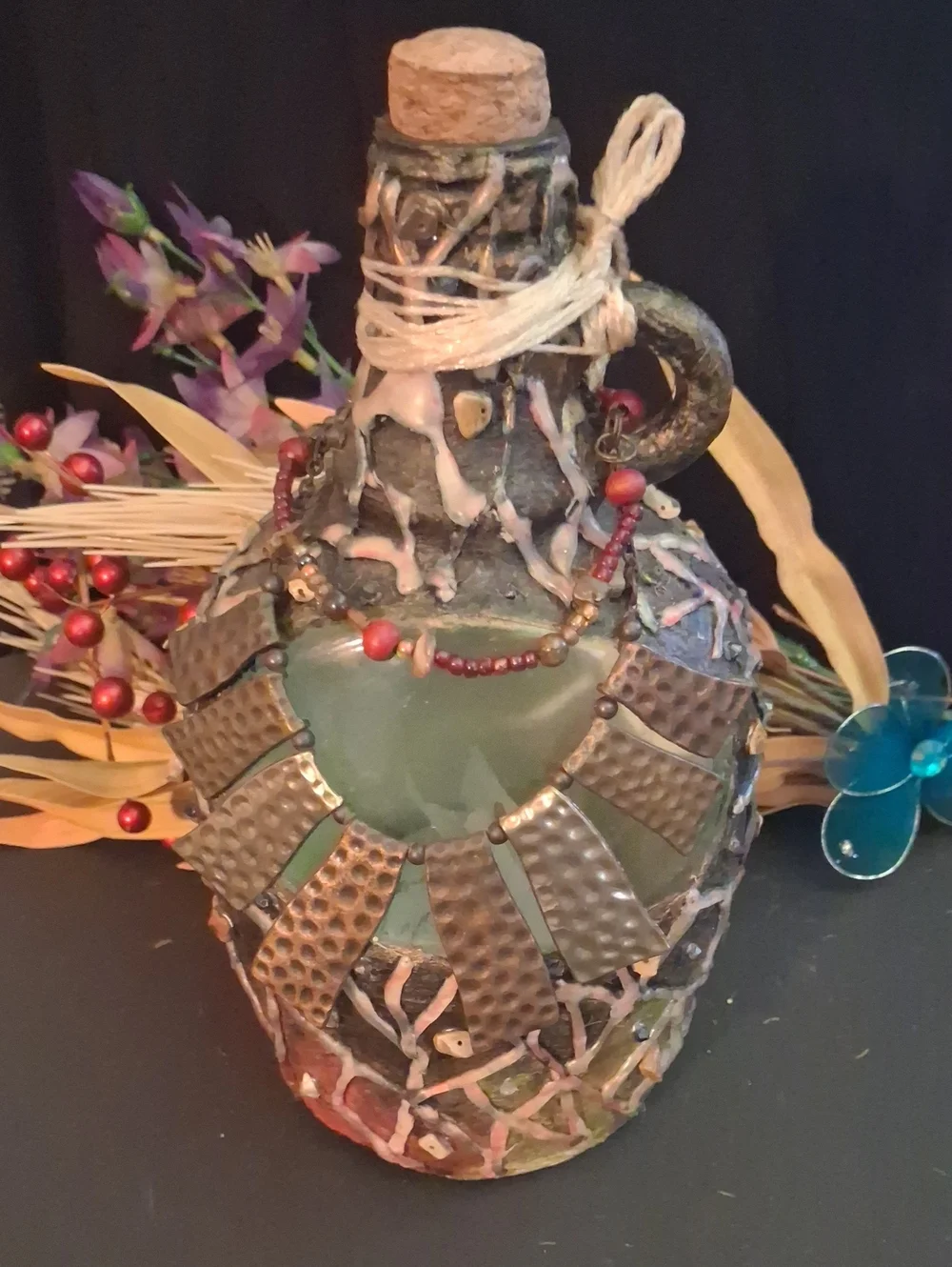 Artisan Decorative Green Glass and Metal Accent Bottle - Handcrafted Home Accent